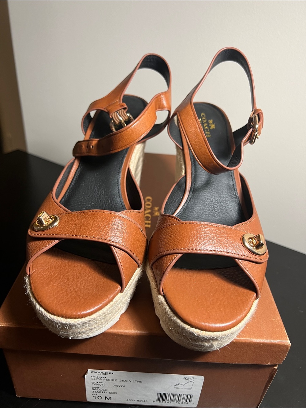 Coach Saddle Elita Pebble Grain Leather Espadrille Wedge Sandals